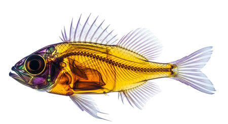 A detailed, transparent view of a fish, revealing its skeletal structure and internal organs. The...
