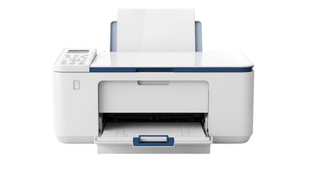 A white all-in-one printer with blue accents is shown from the front. The printer has an open output...
