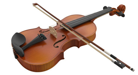 A detailed image of a wooden violin and its bow is presented on a black background. The violin is polished and shows the intricate details of its construction, including the f-holes and bridge. The bow is positioned across the strings.の写真素材