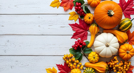 An abundant arrangement of autumn harvest elements is displayed on a white wooden surface. The...