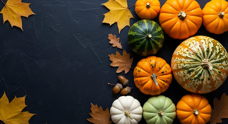A flat lay arrangement of various pumpkins, gourds, dried leaves, and acorns is displayed on a dark,...