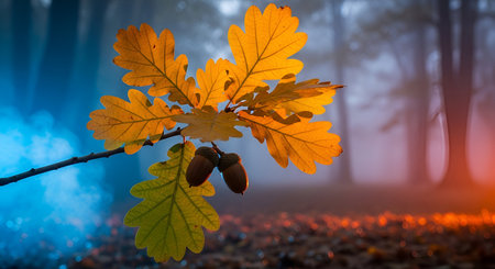 A close-up of an oak branch with vibrant golden-yellow leaves and two acorns. The branch is set against a misty forest background with contrasting blue and orange lights creating an atmospheric and moody scene. Fallen leaves are scattered on the forest floor.の写真素材