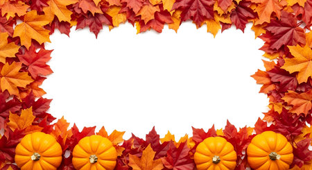 A decorative border composed of vibrant autumn leaves in shades of red, orange, and yellow frames a...