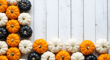 Showing autumn pumpkins and gourds on white wooden background. High resolution image suitable for commercial use. Clear details and vibrant colors enhance visual appeal.の写真素材