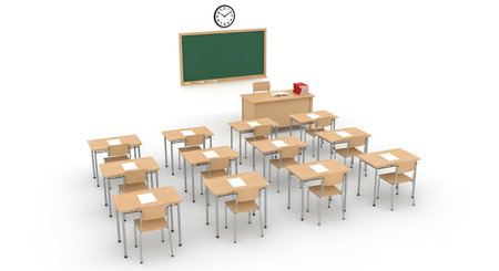 A 3D rendering of a classroom setup on a white background. The scene includes a green blackboard with a clock above it, a teacher's desk with books, and multiple student desks with chairs arranged in rows. The furniture is made of light-colored wood.の写真素材
