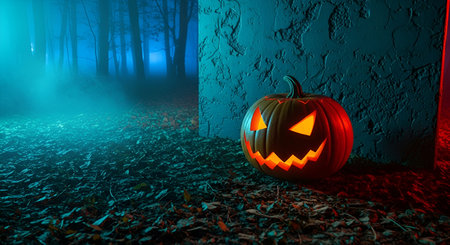 A carved Halloween pumpkin with a glowing orange face sits on the ground in a dark, misty forest at night. The scene is illuminated by eerie blue light from the left and red light from the right, creating a spooky and atmospheric setting with fallen leaves on the ground.の写真素材