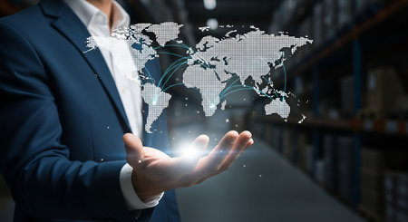 A man in a dark suit and white shirt holds out his open palm, upon which a glowing digital representation of the world map is superimposed. Thin, luminous lines connect various points on the map, suggesting global connectivity and networks. The background is blurred, showing shelves in what appears to be a warehouse, hinting at logistics or global distribution.の写真素材