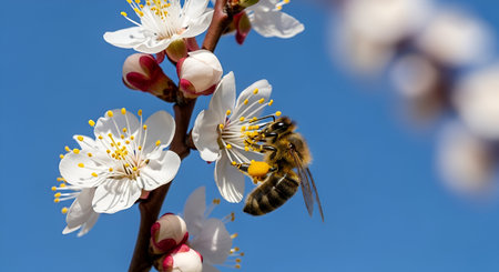 A detailed macro shot of a honeybee actively collecting pollen from a white blossom on a tree...