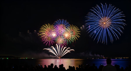 A vibrant fireworks display illuminates the night sky with bursts of yellow, pink, blue, and white....