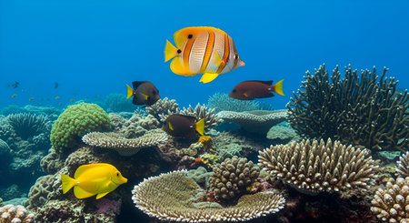 An underwater scene showcasing a vibrant coral reef teeming with marine life. Several colorful...