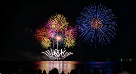 A vibrant and colorful fireworks display illuminates the night sky above a body of water. The...