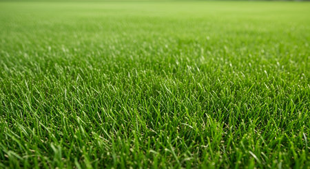 A detailed, close-up view of a vibrant green grass field. The shallow depth of field blurs the...