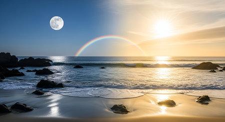 A surreal seascape depicts a split sky with a full moon and stars on the left, transitioning to a...