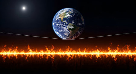 Planet Earth is depicted suspended in space, precariously balanced on two thin white lines above a raging inferno of fire that stretches across the bottom of the frame. The sun is visible in the dark sky, adding to the sense of cosmic drama and environmental peril.の写真素材