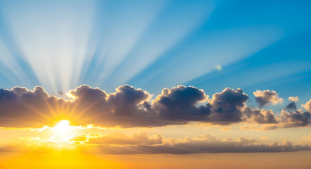 A breathtaking view of a dramatic sunrise. The sun, a brilliant orb of orange and yellow, peeks through a line of dark clouds, casting powerful sunbeams that radiate outwards into the clear blue sky. The light creates a stunning contrast between the illuminated clouds and the darker ones, evoking a sense of awe and the beginning of a new day.の写真素材