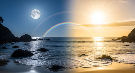 A split image depicting a serene ocean scene transitioning from night to day. On the left, a full...