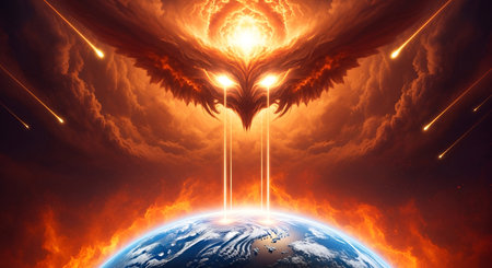 A highly dramatic and apocalyptic scene where a colossal, fiery entity resembling a bird or dragon...