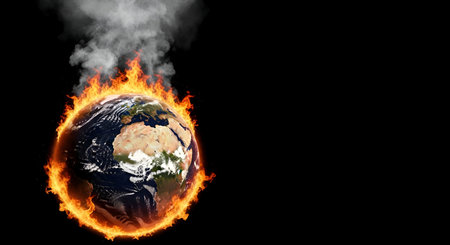 The planet Earth is depicted as being engulfed in a ring of fire and emitting smoke from its upper...