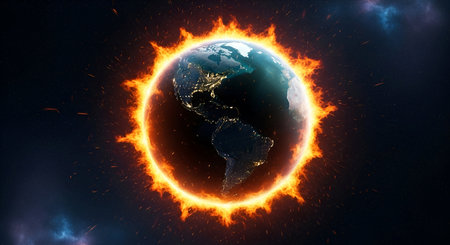 A conceptual image depicting planet Earth engulfed by a vibrant solar flare. The planet is...