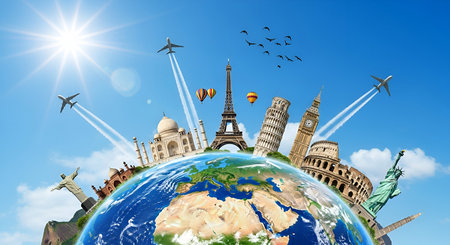 A vibrant image depicting the Earth with famous world landmarks like the Eiffel Tower, Taj Mahal, Statue of Liberty, Colosseum, and Leaning Tower of Pisa encircling it. Airplanes are shown flying in the sky, leaving contrails, suggesting global travel and tourism. The sun shines brightly in a clear blue sky with scattered clouds.の写真素材