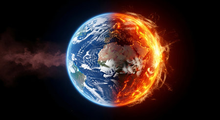A conceptual image of planet Earth in space, dramatically split between a fiery, burning half and a frozen, icy half. Smoke billows from the burning side, contrasting with the stark white of the frozen portion. The image conveys a powerful message about environmental change and global warming.の写真素材