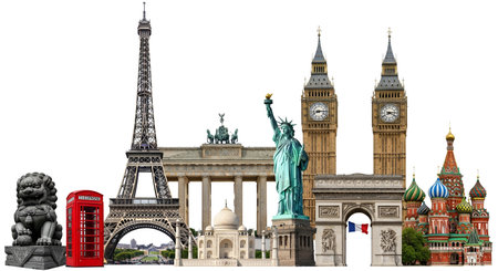 Collage showing famous world landmarks. High resolution image suitable for commercial use. Clear details and vibrant colors enhance visual appeal.の写真素材