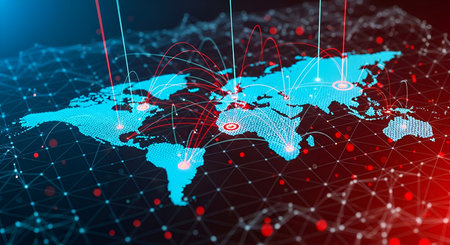 Internet showing global network connections world map digital abstract keywords: world map, global network, connections, digital, abstract, technology, communication, data, internet, cyberspace, network, nodes, lines, connections, international, business, technology, futuristic, blue, red, dark background, global, network, digital world, interconnected, information, technology, digital, abstract, network, global, communication, data, technology, digital, abstract, network, global,...の写真素材