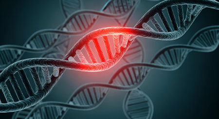 A close-up, abstract 3D rendering of a DNA double helix structure. The main helix is depicted in a metallic gray, while a segment in the center glows intensely with a vibrant red light, suggesting a point of interest or mutation. Other blurred DNA strands are visible in the background, creating a sense of depth. The overall aesthetic is dark and futuristic, emphasizing the intricate and fundamental nature of genetic material.の写真素材