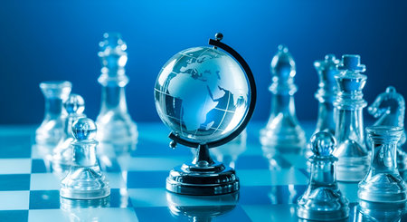 Clear glass chess pieces are arranged on a chessboard with a glass globe in the center. The pieces and globe are illuminated by blue light, creating reflections on the glossy surface. The background is dark and out of focus, emphasizing the chess set and globe.の写真素材