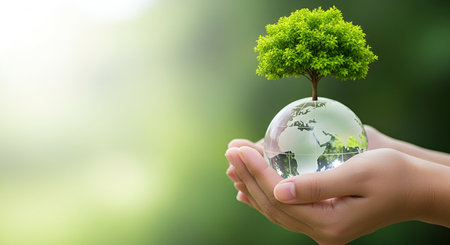 A pair of hands gently cradles a clear glass globe representing the Earth. A vibrant green tree with lush foliage sprouts from the top of the globe, symbolizing growth and environmental care. The background is a soft, blurred green, suggesting a natural and serene setting.の写真素材