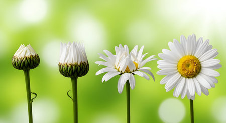 A sequence of four daisy flowers on green stems, illustrating the progression of blooming. The leftmost image shows a tightly closed bud, followed by a partially opened bud, then a flower with unfurling petals, and finally a fully bloomed daisy with a bright yellow center and white petals. The background is a soft, blurred green.の写真素材