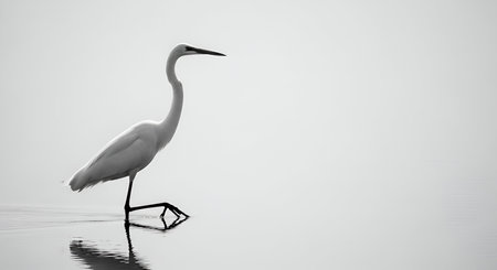 A striking black and white image of a great egret standing in shallow water. The bird's elegant form, long neck, and slender legs are sharply defined against a soft, hazy background. Its reflection is visible in the water. The composition is minimalist and serene, highlighting the bird's graceful presence.の写真素材
