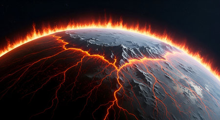 A dramatic depiction of a planet's surface engulfed in fire and lava. Molten orange and red lava...