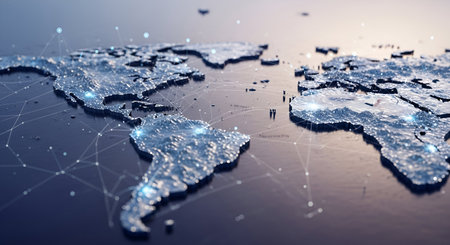 An abstract representation of a world map with glowing blue nodes and connecting lines, symbolizing a global network of connections. The map appears textured and metallic, with a futuristic aesthetic. This visual represents concepts of communication, data flow, and interconnectedness on a worldwide scale.の写真素材