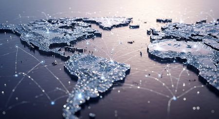 A stylized 3D representation of a world map with glowing lines and nodes connecting various points across continents. The map appears metallic and textured, with a dark, reflective surface. The light emanating from the connections creates a sense of a vast, interconnected digital network spanning the globe.の写真素材
