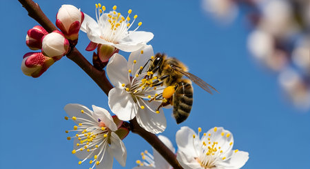 A detailed macro shot of a honey bee actively collecting pollen from a delicate white blossom. The...