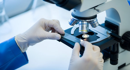 Close-up view of hands wearing white medical gloves, carefully placing a glass slide onto the stage of a microscope. The scientist is dressed in a blue lab coat. The intricate details of the microscope's objective lenses and stage are visible, emphasizing a scientific research or medical examination setting.の写真素材