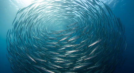 An awe-inspiring underwater view of a massive school of barracuda fish swimming in a tight, circular formation. The silver bodies of the fish create a mesmerizing vortex against the deep blue ocean water. The synchronized movement of the school is a remarkable display of marine behavior.の写真素材