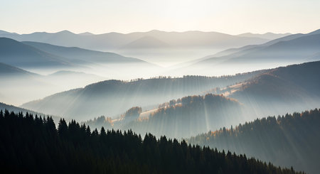 A breathtaking panoramic view of a misty mountain range at sunrise. Soft sunbeams pierce through the fog, casting ethereal rays across the layered hills and valleys. Dark evergreen forests line the foreground, contrasting with the hazy, illuminated peaks in the distance.の写真素材