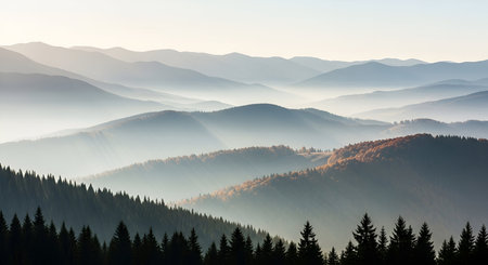 A breathtaking view of a layered mountain range shrouded in mist and fog. Dramatic sun rays pierce...