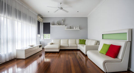 A bright and spacious modern living room featuring a large white sectional sofa with red and green...