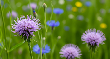 A close-up view of several purple thistle flowers with spiky petals and delicate stamens. The...