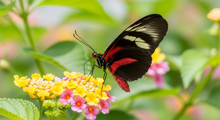 A striking red and black butterfly with white markings on its wings rests on a cluster of small...