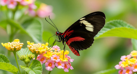 Black showing red and black butterfly on lantana flowers keywords: butterfly, insect, lantana,...