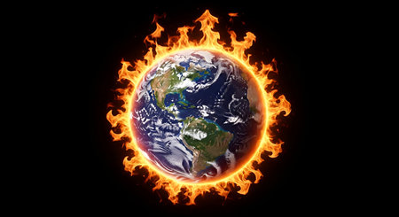 The planet Earth is shown from space, completely encircled by a vibrant ring of fire. The image is...
