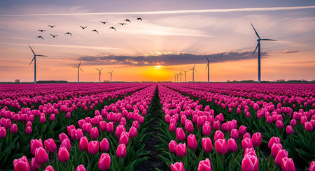 Field showing vast tulip field at sunset with wind turbines. High resolution image. Clear details...