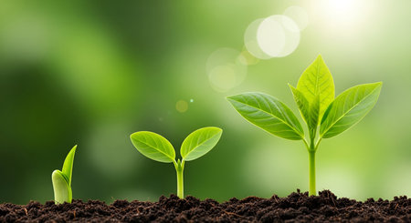 A close-up, eye-level view showcasing the progression of plant growth. Three young plants are...