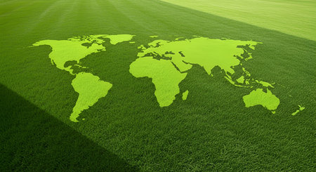 A detailed world map is clearly imprinted onto a lush, vibrant green lawn. The grass is neatly mowed...