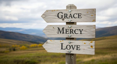 A rustic wooden signpost with three weathered arrows pointing in different directions. Each arrow is...