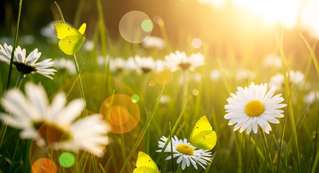 Several bright yellow butterflies are perched on white daisy flowers amidst lush green grass. Golden...